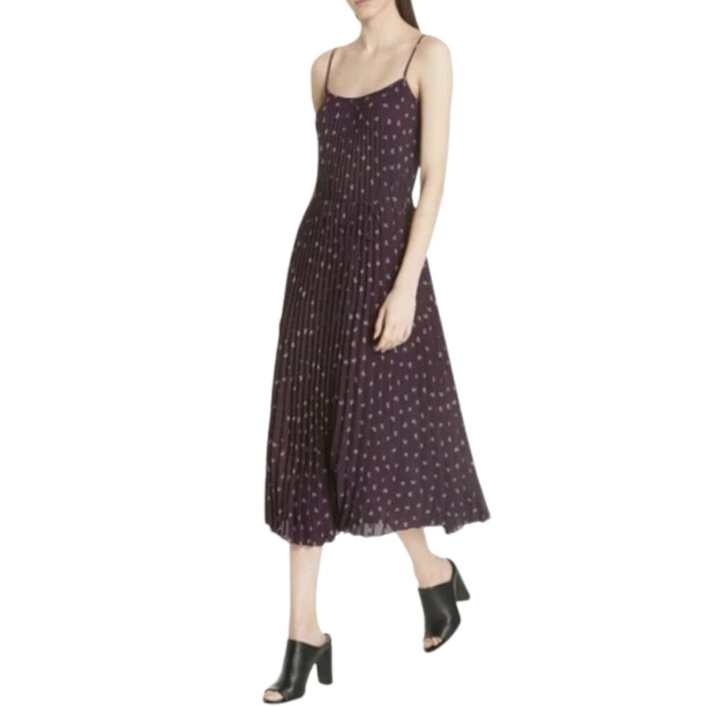 Vince Black Floral Pleated Cami Dress Midi Maxi Tossed Ditsy Print Size Med